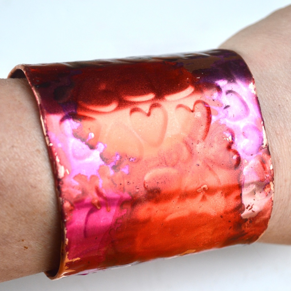 Pink Red Purple Hearts Copper Cuff Bracelet Wide Handmade Boho Gift Statement - Picture 3 of 8